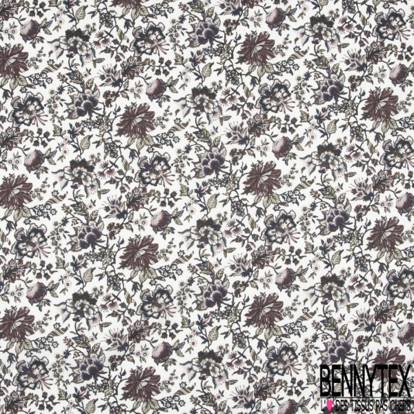 Coton style Liberty imprimé petite fleur stylisée cachemire écru fond bordeaux