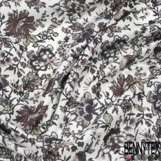 Coton style Liberty imprimé petite fleur stylisée cachemire écru fond bordeaux