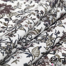 Coton style Liberty imprimé petite fleur stylisée cachemire écru fond bordeaux