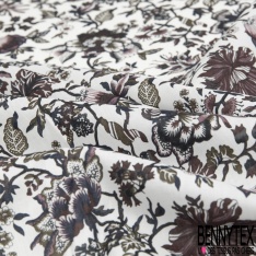 Coton style Liberty imprimé petite fleur stylisée cachemire écru fond bordeaux