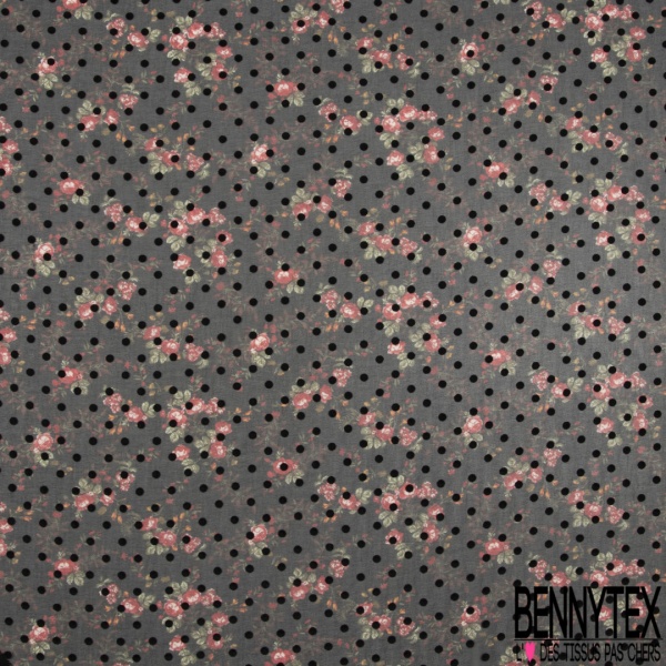 Mousseline georgette crépon imprimé floral gris pois flockés noir fond bleu marine