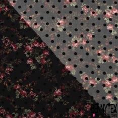Mousseline georgette crépon imprimé floral gris pois flockés noir fond bleu marine