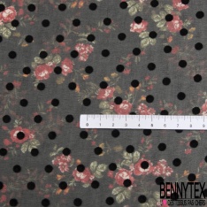 Mousseline georgette crépon imprimé floral gris pois flockés noir fond bleu marine