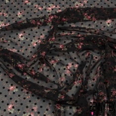 Mousseline georgette crépon imprimé floral gris pois flockés noir fond bleu marine