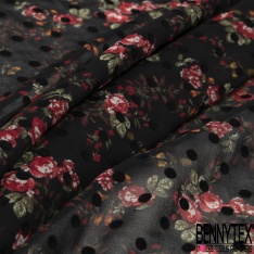 Mousseline georgette crépon imprimé floral gris pois flockés noir fond bleu marine