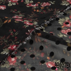 Mousseline georgette crépon imprimé floral gris pois flockés noir fond bleu marine
