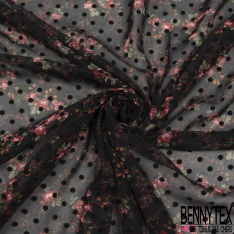 Mousseline georgette crépon imprimé floral gris pois flockés noir fond bleu marine