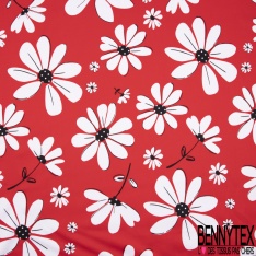 Satin de coton élasthanne imprimé grande marguerite blanche coeur à pois fond rouge cerise