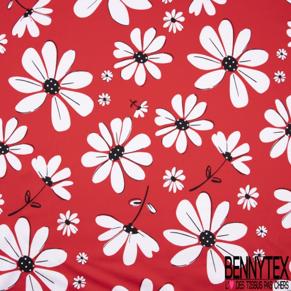 Satin de coton élasthanne imprimé grande marguerite blanche coeur à pois fond rouge cerise