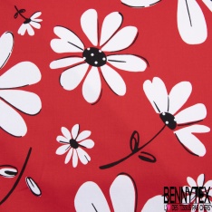 Satin de coton élasthanne imprimé grande marguerite blanche coeur à pois fond rouge cerise