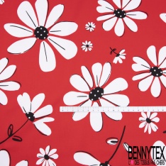 Satin de coton élasthanne imprimé grande marguerite blanche coeur à pois fond rouge cerise