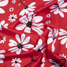 Satin de coton élasthanne imprimé grande marguerite blanche coeur à pois fond rouge cerise