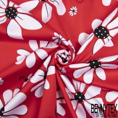 Satin de coton élasthanne imprimé grande marguerite blanche coeur à pois fond rouge cerise