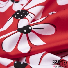 Satin de coton élasthanne imprimé grande marguerite blanche coeur à pois fond rouge cerise