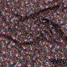 Toile lorraine coton imprimé petit squelette calaveras fleur moutarde purple rose fond noir