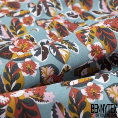 Toile lorraine coton imprimé petit bouquet fleur tropical fond céladon