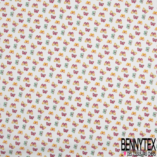 Toile lorraine coton imprimé petit papillon moutarde fushia celadon fond gris de vert pastel