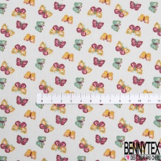 Toile lorraine coton imprimé petit papillon moutarde fushia celadon fond gris de vert pastel
