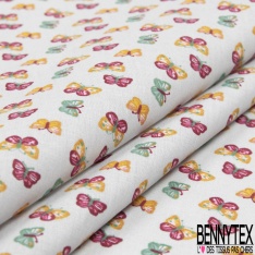 Toile lorraine coton imprimé petit papillon moutarde fushia celadon fond gris de vert pastel
