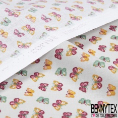 Toile lorraine coton imprimé petit papillon moutarde fushia celadon fond gris de vert pastel
