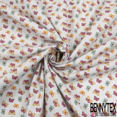 Toile lorraine coton imprimé petit papillon moutarde fushia celadon fond gris de vert pastel