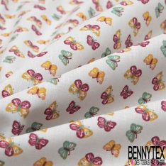 Toile lorraine coton imprimé petit papillon moutarde fushia celadon fond gris de vert pastel