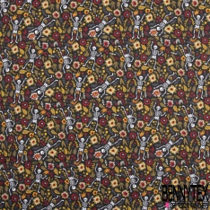 Toile lorraine coton imprimé petit squelette calaveras fleur moutarde rouge gris fond noir