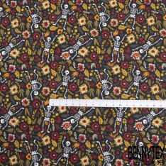 Toile lorraine coton imprimé petit squelette calaveras fleur moutarde rouge gris fond noir