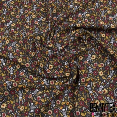 Toile lorraine coton imprimé petit squelette calaveras fleur moutarde rouge gris fond noir