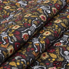 Toile lorraine coton imprimé petit squelette calaveras fleur moutarde rouge gris fond noir