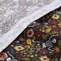 Toile lorraine coton imprimé petit squelette calaveras fleur moutarde rouge gris fond noir