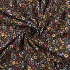 Toile lorraine coton imprimé petit squelette calaveras fleur moutarde rouge gris fond noir