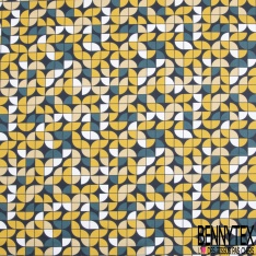 Toile lorraine coton imprimé géométrique arrondi seventie's moutarde jaune pastel pétrole nuit