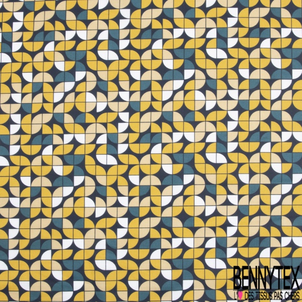 Toile lorraine coton imprimé géométrique arrondi seventie's moutarde jaune pastel pétrole nuit