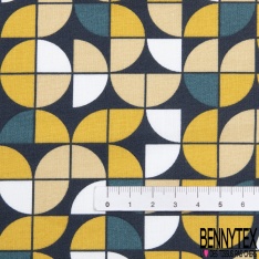 Toile lorraine coton imprimé géométrique arrondi seventie's moutarde jaune pastel pétrole nuit