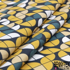 Toile lorraine coton imprimé géométrique arrondi seventie's moutarde jaune pastel pétrole nuit