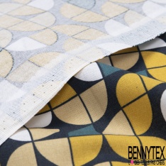 Toile lorraine coton imprimé géométrique arrondi seventie's moutarde jaune pastel pétrole nuit