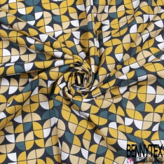 Toile lorraine coton imprimé géométrique arrondi seventie's moutarde jaune pastel pétrole nuit