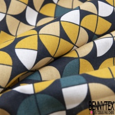 Toile lorraine coton imprimé géométrique arrondi seventie's moutarde jaune pastel pétrole nuit