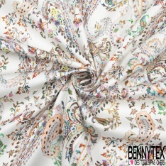 Satin de coton élasthanne imprimé grande marguerite blanche coeur à pois fond rouge cerise