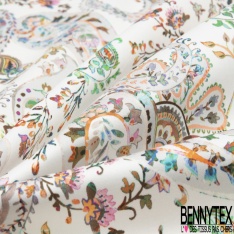 Satin de coton élasthanne imprimé grande marguerite blanche coeur à pois fond rouge cerise