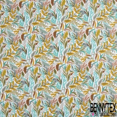 Toile lorraine coton imprimé nature foisonnante dragée bleu jade moutarde fond blanc
