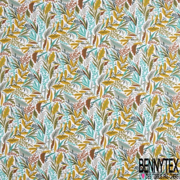Toile lorraine coton imprimé nature foisonnante dragée bleu jade moutarde fond blanc
