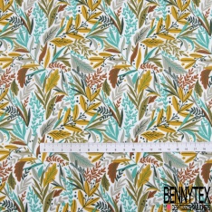Toile lorraine coton imprimé nature foisonnante dragée bleu jade moutarde fond blanc