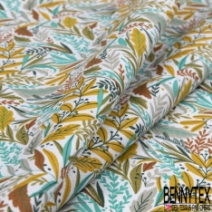 Toile lorraine coton imprimé nature foisonnante dragée bleu jade moutarde fond blanc