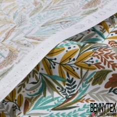 Toile lorraine coton imprimé nature foisonnante dragée bleu jade moutarde fond blanc
