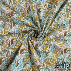 Toile lorraine coton imprimé nature foisonnante dragée bleu jade moutarde fond blanc