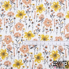 Toile lorraine coton imprimé fleur champêtre pêche moutarde fond blanc discret