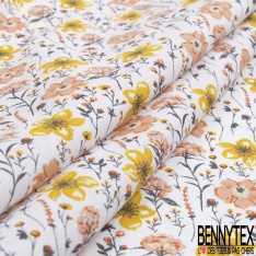 Toile lorraine coton imprimé fleur champêtre pêche moutarde fond blanc discret