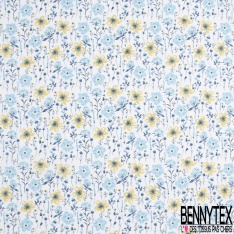 Toile lorraine coton imprimé fleur champêtre pêche moutarde fond blanc discret